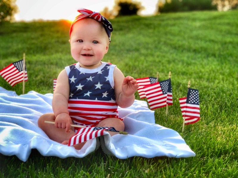 Qin.Orianna 4th of July Toddler Baby Girl American Flag Tassel Romper with Headband (0-6M/Small, Red) - Image 2